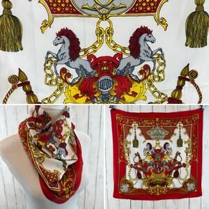 VTG Glentex Red/Gold Satin Equestrian Horse Italy Square Scarf Hand Rolled Edges